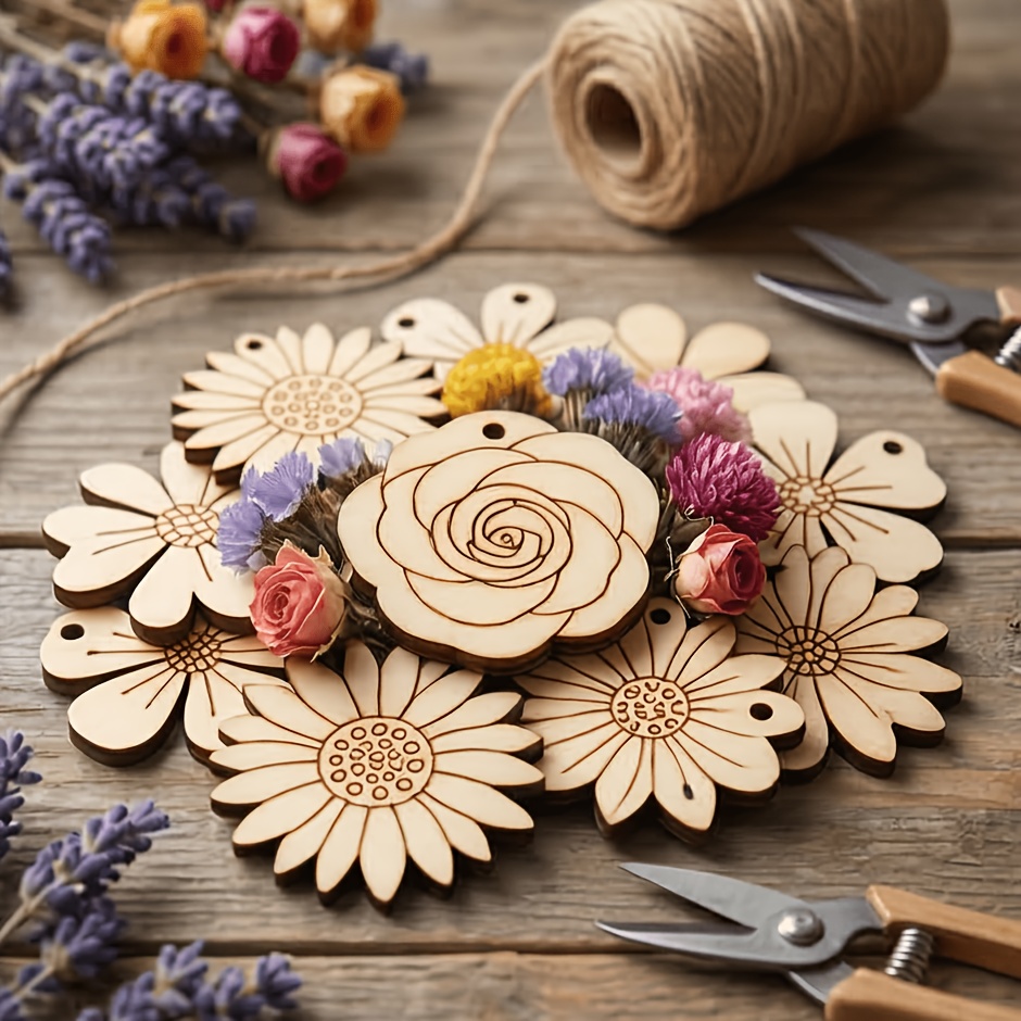 Easter Craft Embellishment Set - 50 Stück/Set 35mm Gemischte Blumen-Holzscheiben für